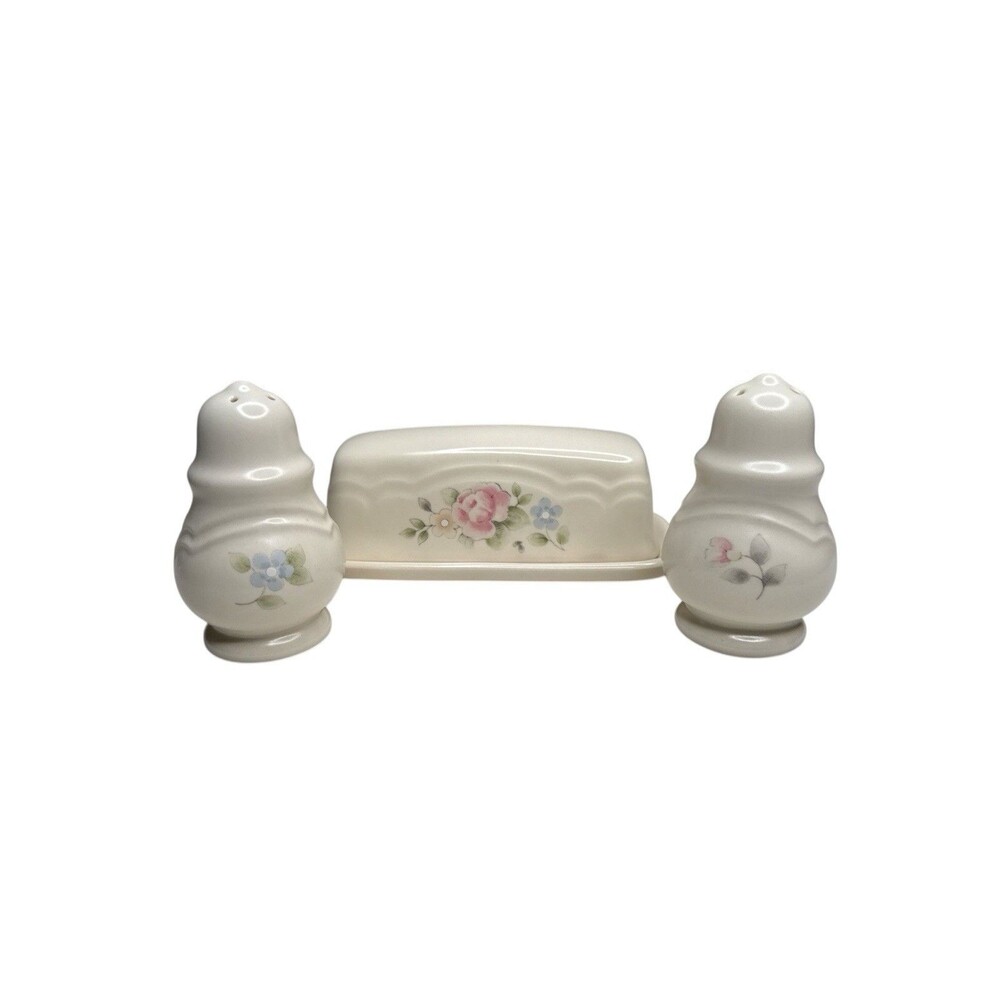 Pfaltzgraff Heirloom Tea Rose Butter Dish Salt Pepper Set Floral USA Vintage